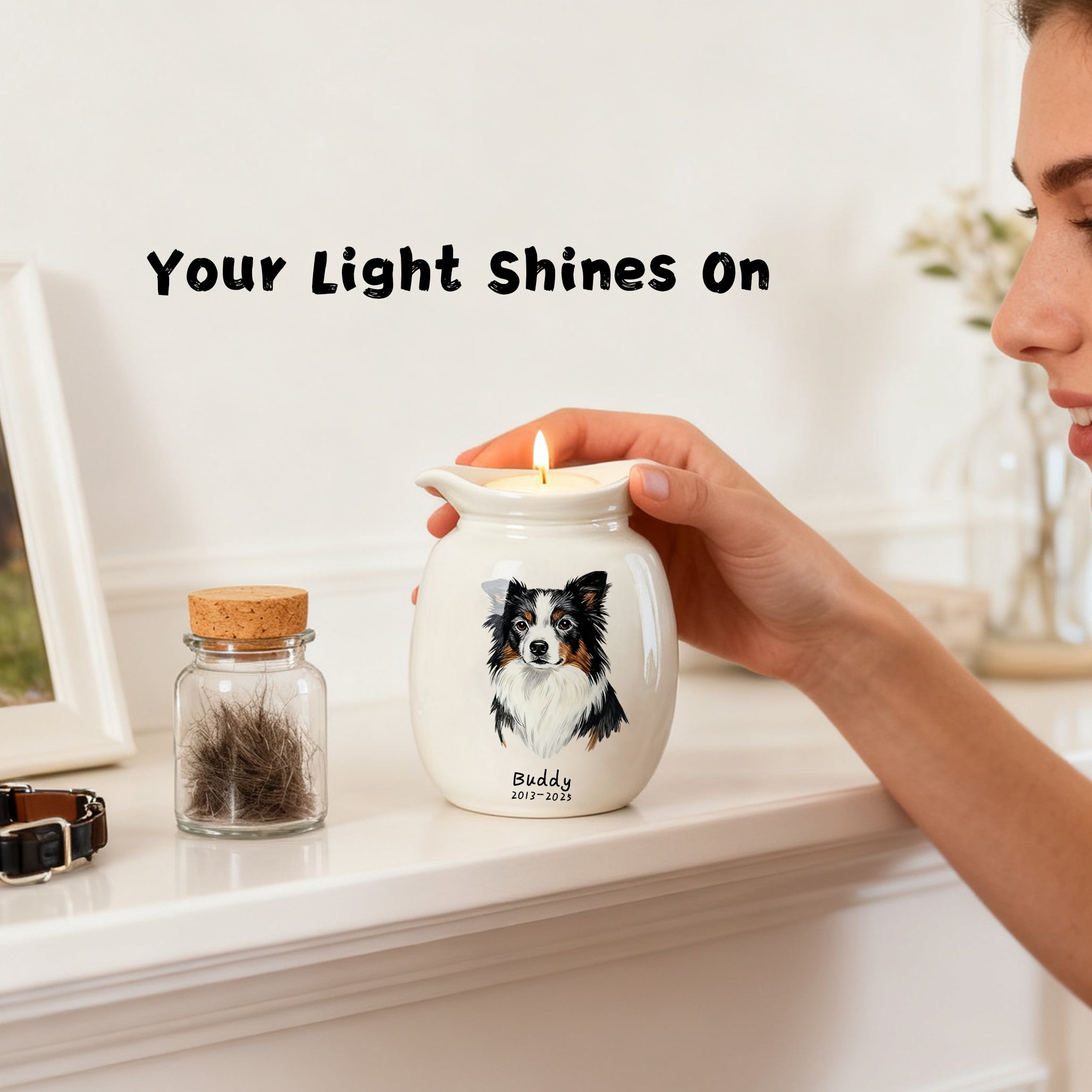 Personalized Dog Urns for Ashes With Candle Holder–Luxury Ceramic Pet Urns for Cat or Dog,Hand-Painting Portrait,Name&Date,Pet Loss Gift