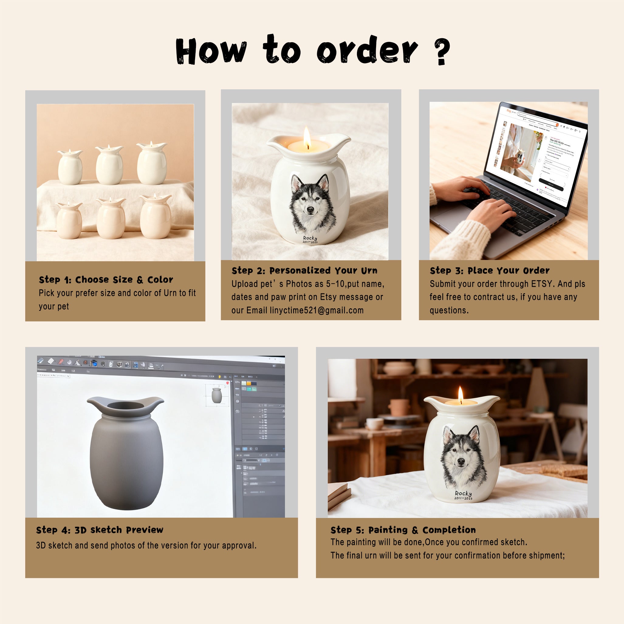 Personalized Dog Urns for Ashes With Candle Holder–Luxury Ceramic Pet Urns for Cat or Dog,Hand-Painting Portrait,Name&Date,Pet Loss Gift