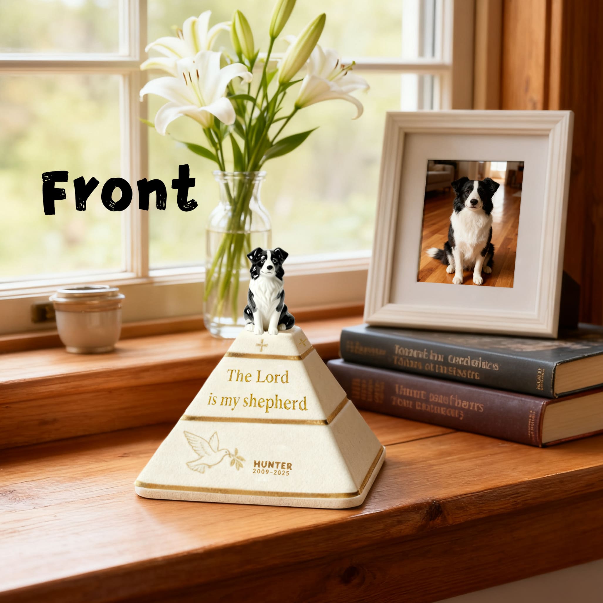 Personalized Pyramid Dog Urn – Custom Pet Ashes Urn with Hand-Sculpted Portrait & Name