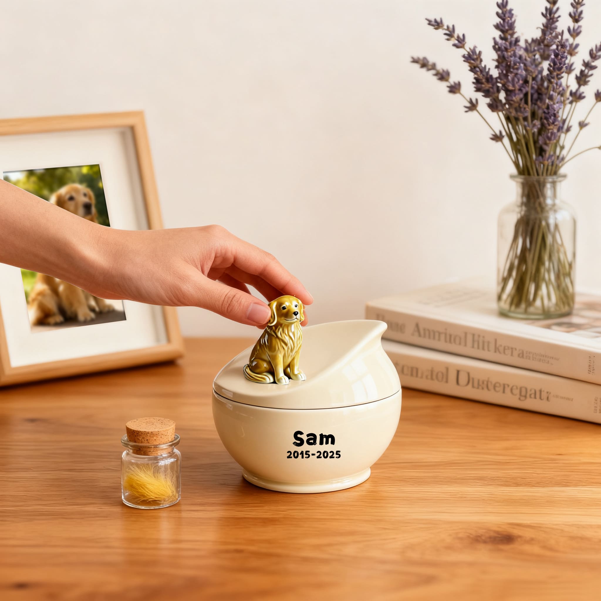 Personalized Dog Memorial Urn | Custom Ceramic Ashes Urn with Portrait, Name & Dates