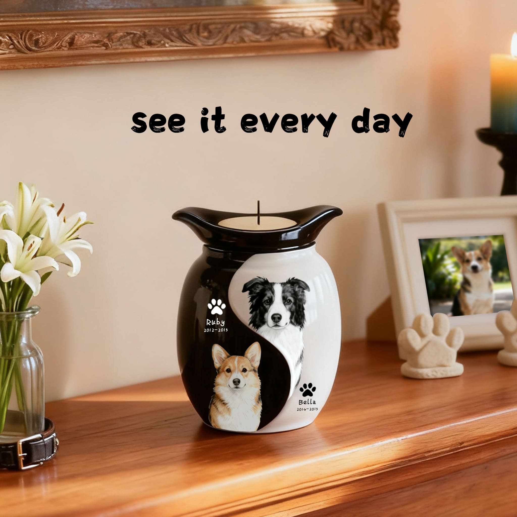 Personalized Pet Urn for Two Dogs or Cats | Dual Ashes Holder with Candle