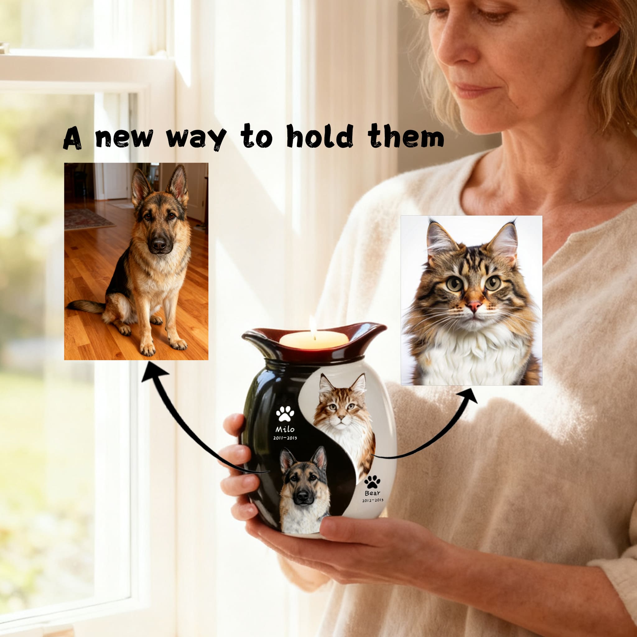 Personalized Pet Urn for Two Dogs or Cats | Dual Ashes Holder with Candle