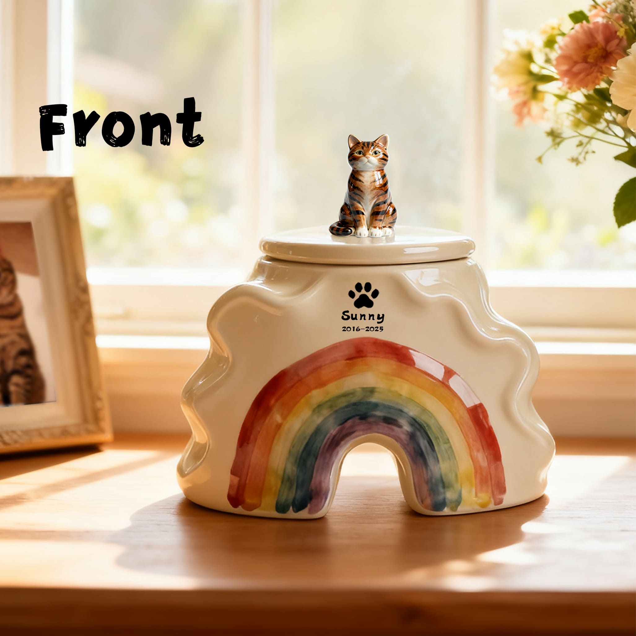 Bespoke Cat Memorial Urn - Rainbow Bridge Themed with Custom Engraving