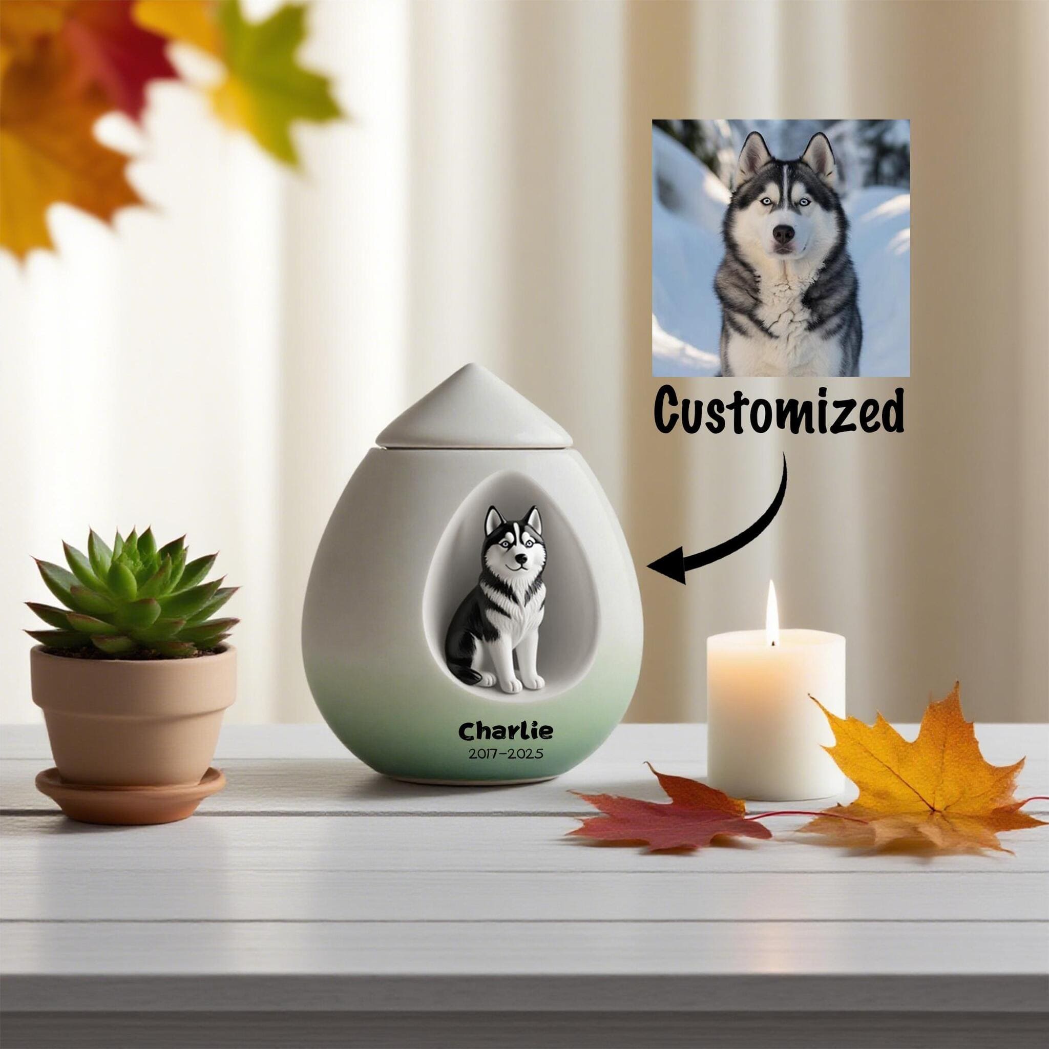 Custom - Crafted Husky Pet Urn - Cherish Charlie's Legacy 2017 - 2025 Among Autumn Splendor