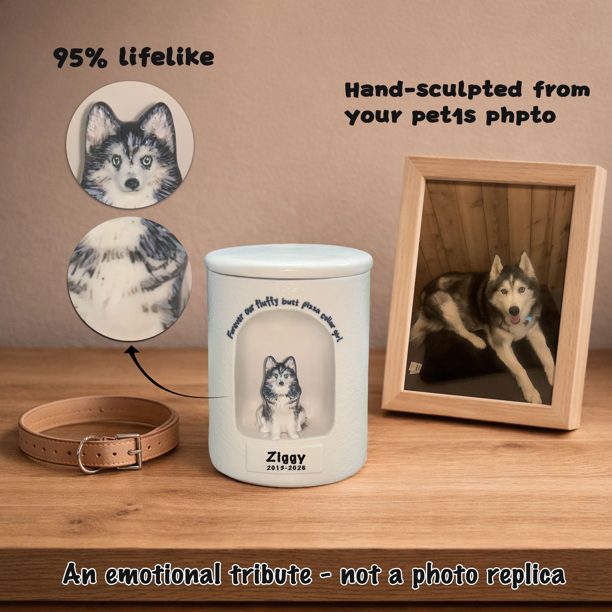 Cylinder Pet Urn – Custom Ceramic Dog Urn with 95% Lifelike Hand-Sculpted Husky Portrait, Personalized Name & Date, Emotional Tribute