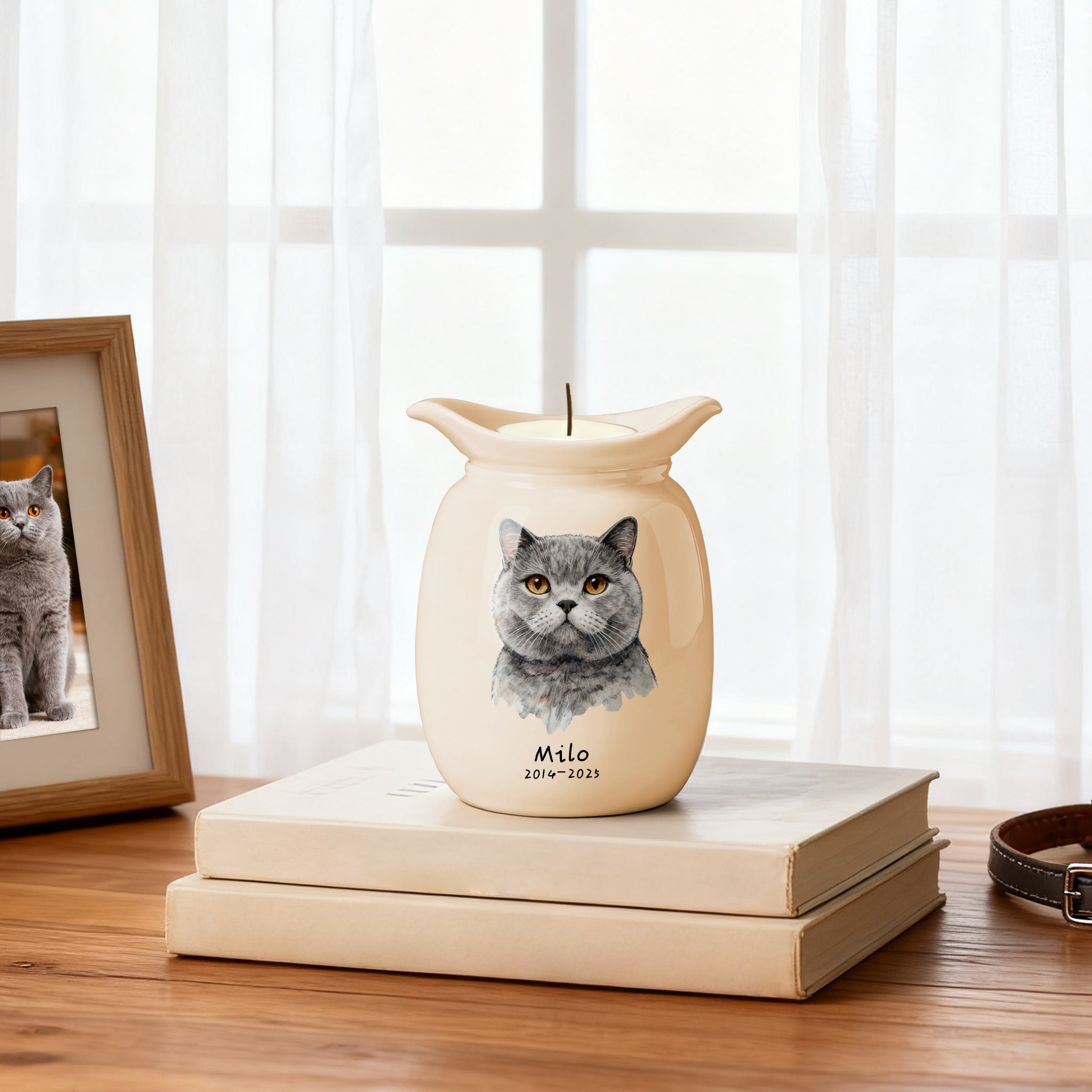 Cat Urn with Candle – Personalized Ceramic Memorial Urn for Pet Ashes, Custom Name & Dates
