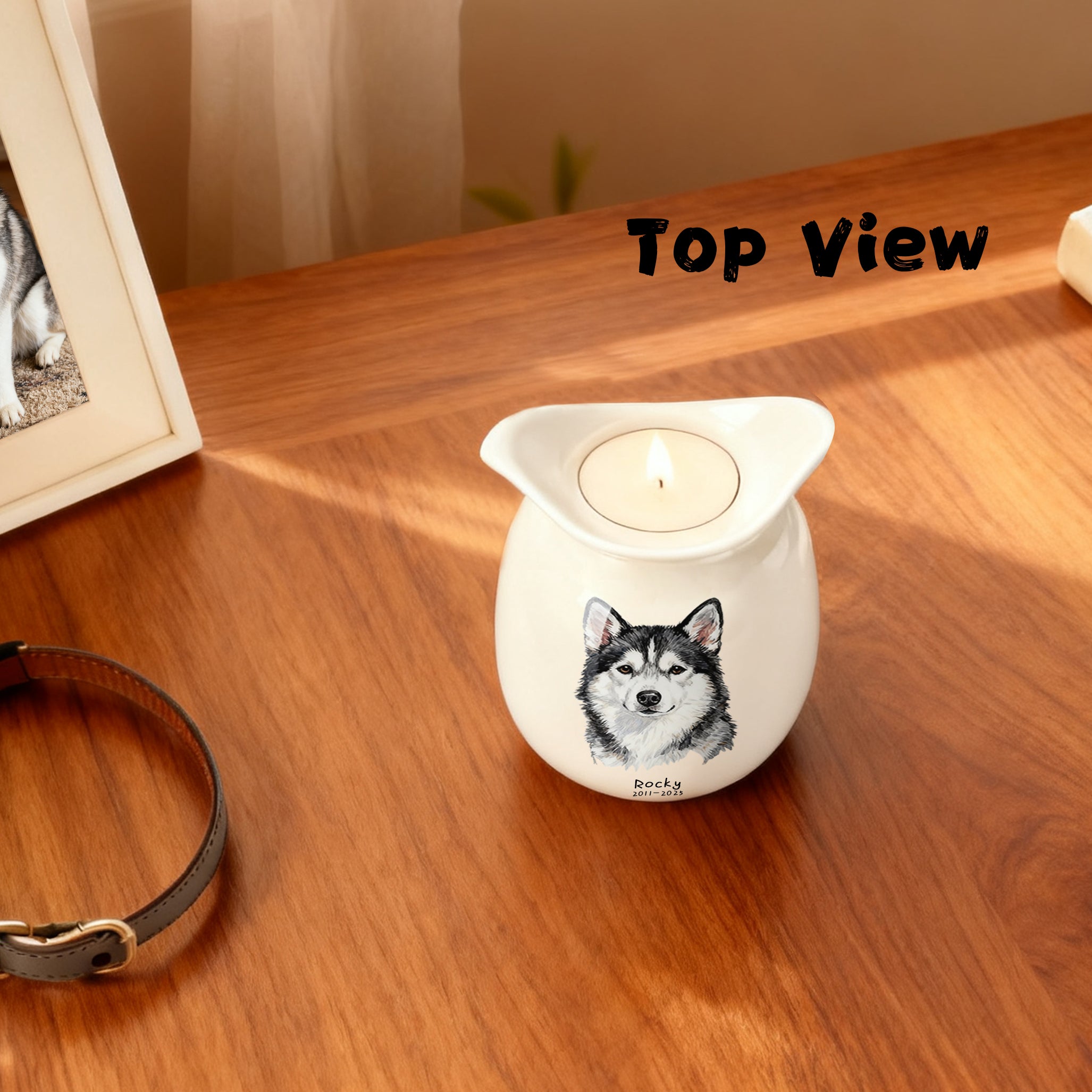 Personalized Dog Urns for Ashes With Candle Holder–Luxury Ceramic Pet Urns for Cat or Dog,Hand-Painting Portrait,Name&Date,Pet Loss Gift