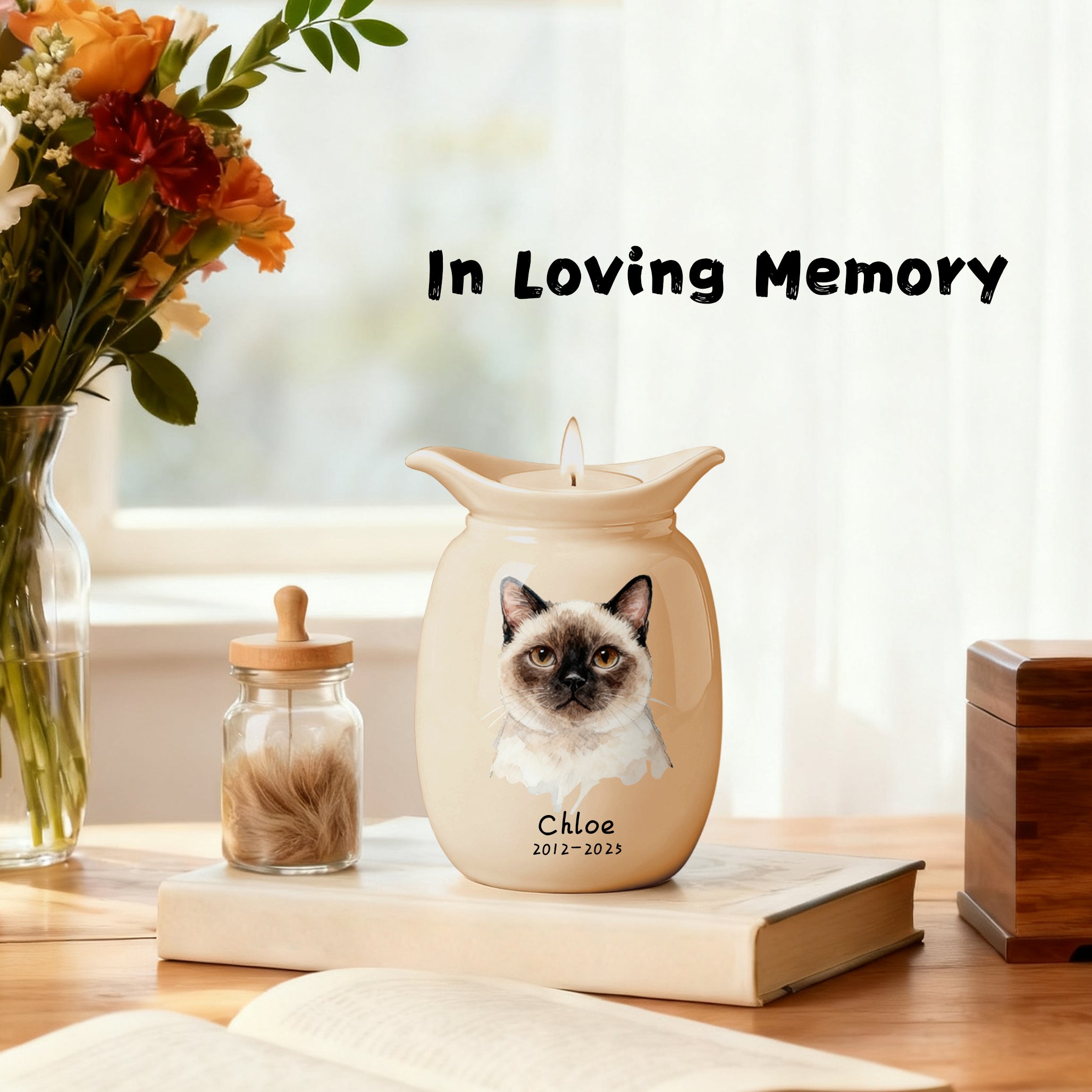 Cat Urn with Candle – Personalized Ceramic Memorial Urn for Pet Ashes, Custom Name & Dates
