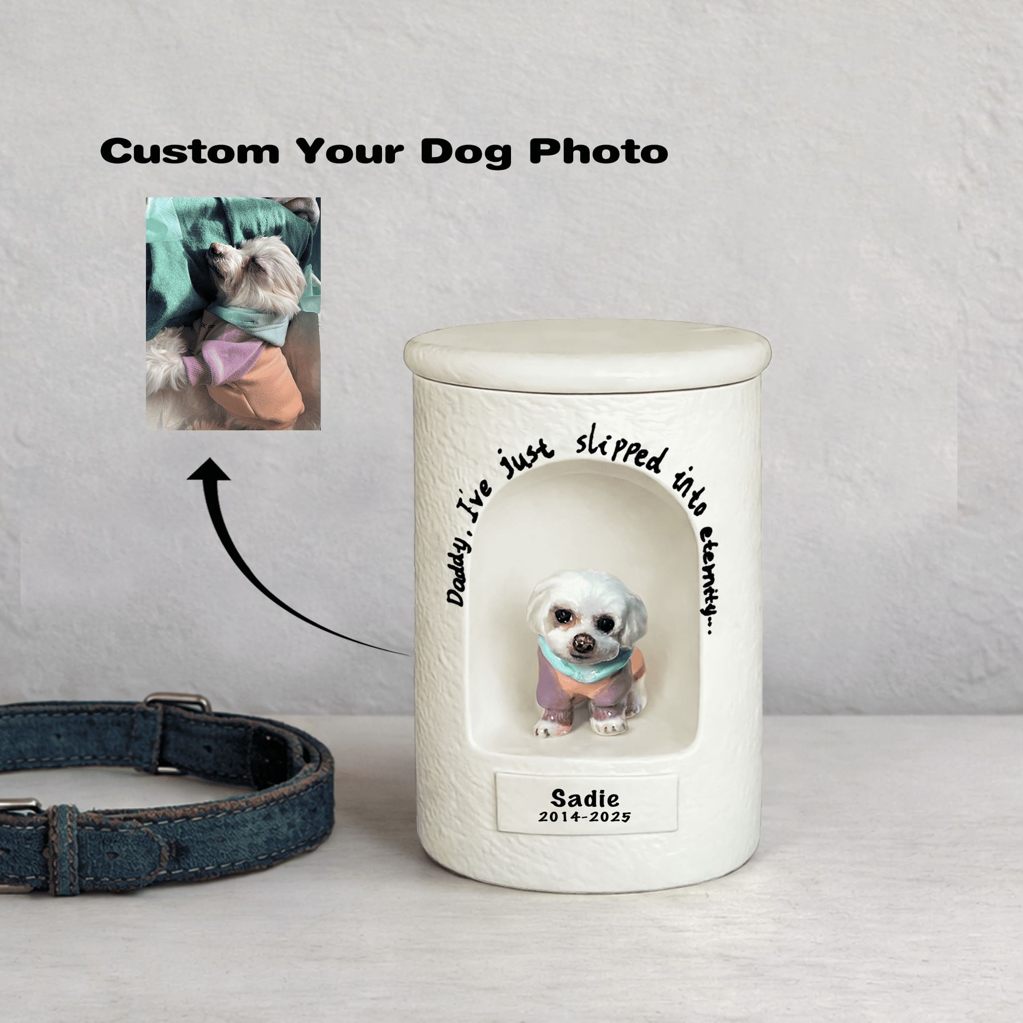 Personalized Dog Urn - Ceramic Pet Portrait Figurine with Name & Date, Custom from Your Dog Photo