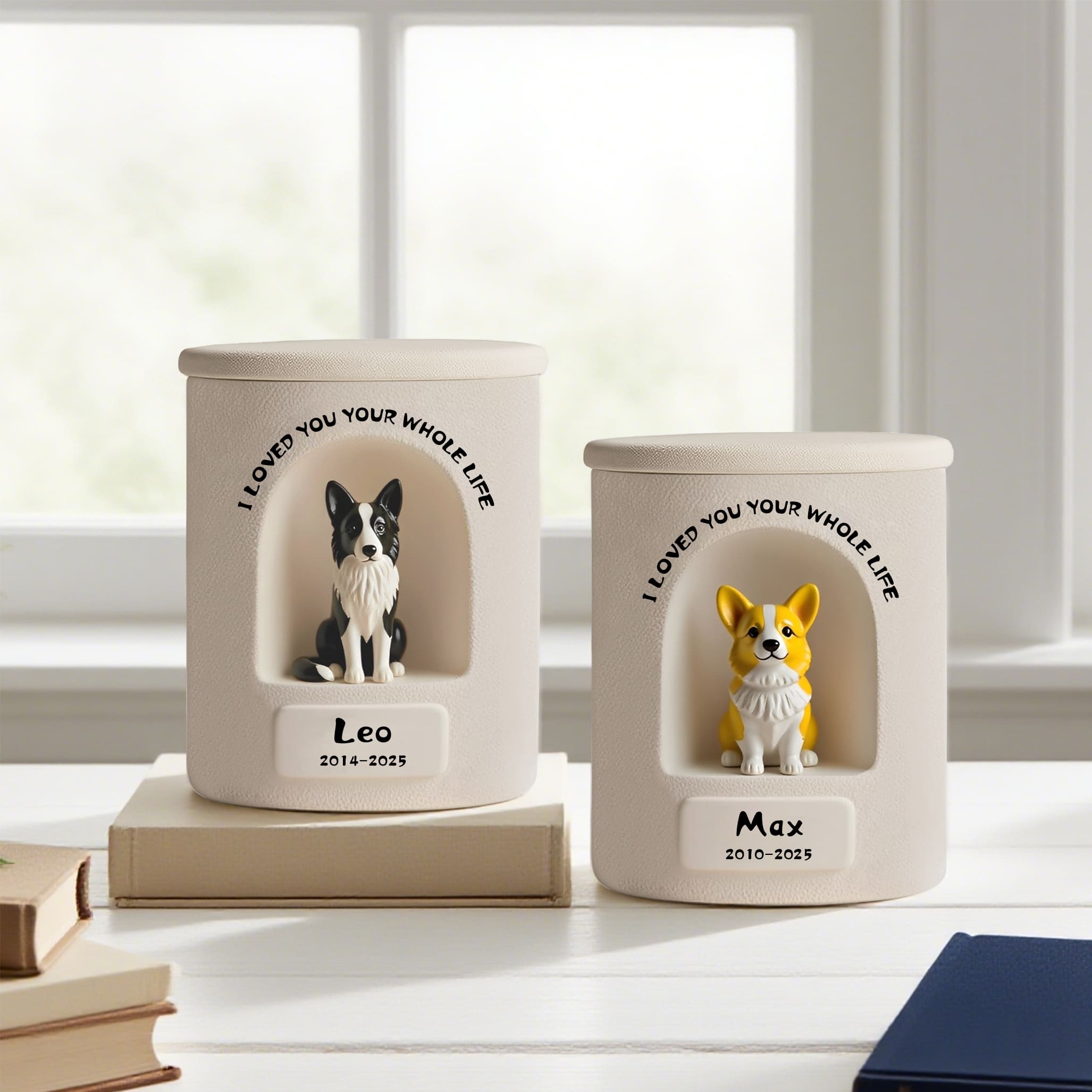 Personalized Dog Urn - Ceramic Pet Portrait Figurine with Name & Date, Border Collie & Corgi Duo Display