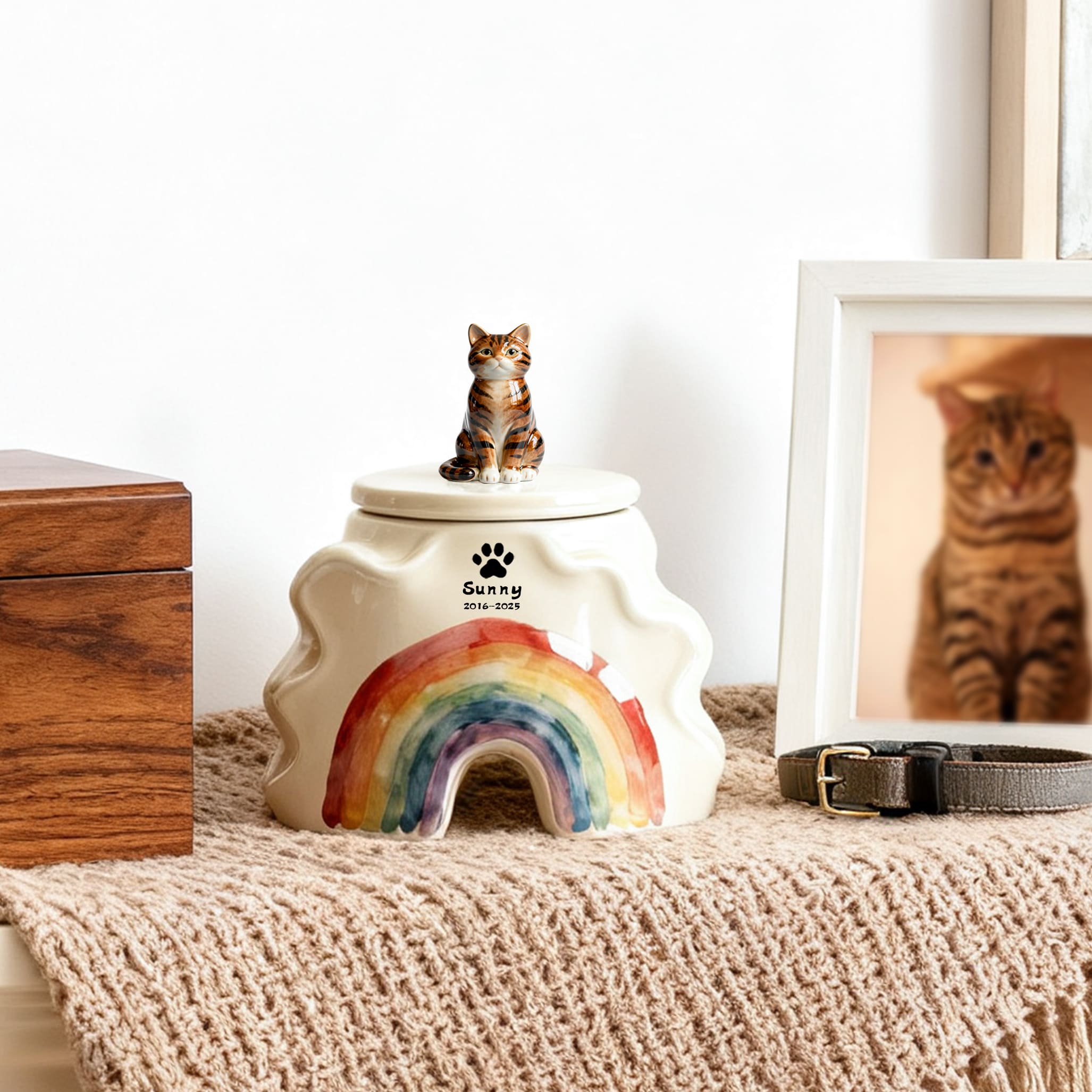 Bespoke Cat Memorial Urn - Rainbow Bridge Themed with Custom Engraving