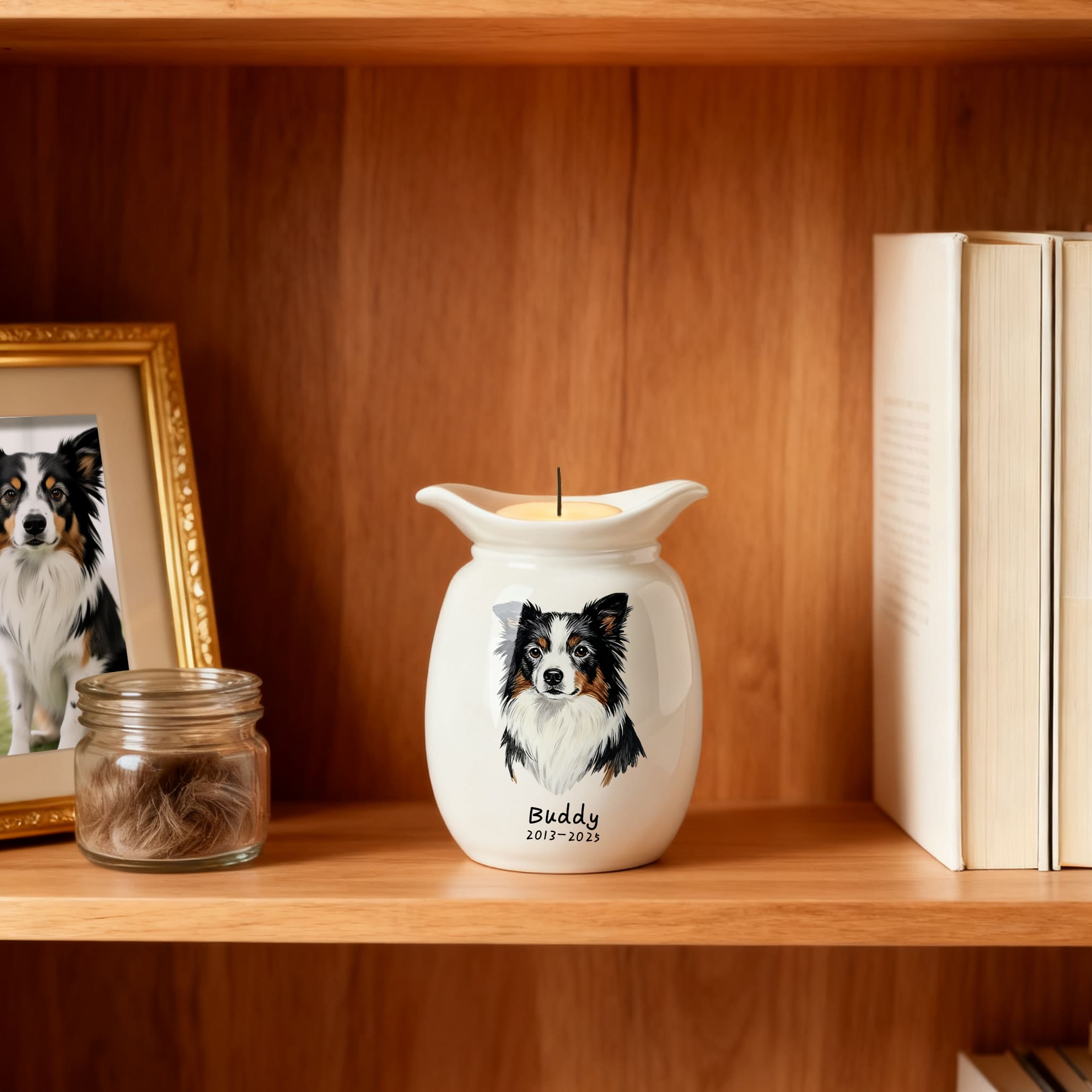 Personalized Dog Urns for Ashes With Candle Holder–Luxury Ceramic Pet Urns for Cat or Dog,Hand-Painting Portrait,Name&Date,Pet Loss Gift