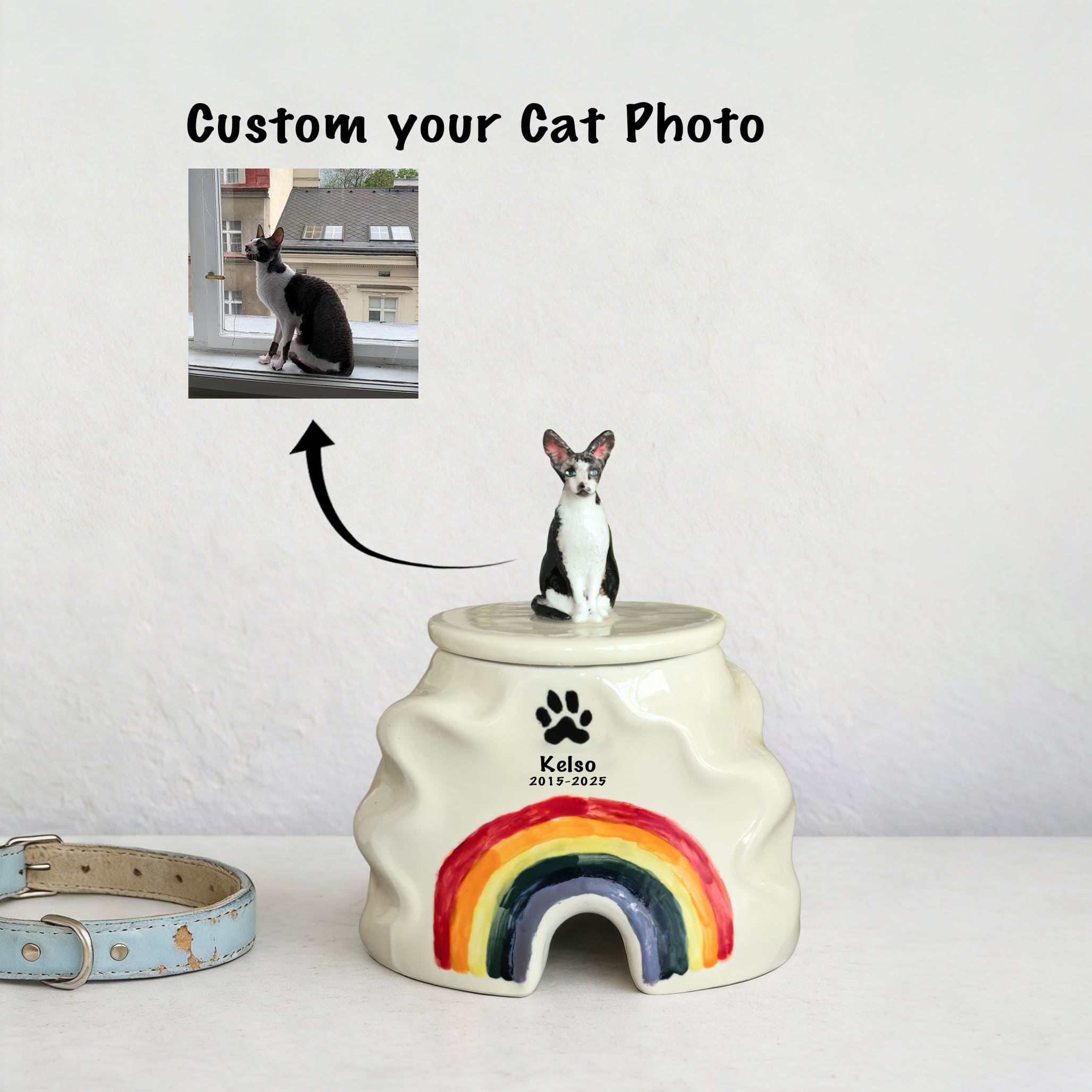 Rainbow Bridge Pet Urn – Custom Cat Urn Hand-Sculpted from Your Pet's Photo, Personalized Name & Date, Memorial Gift