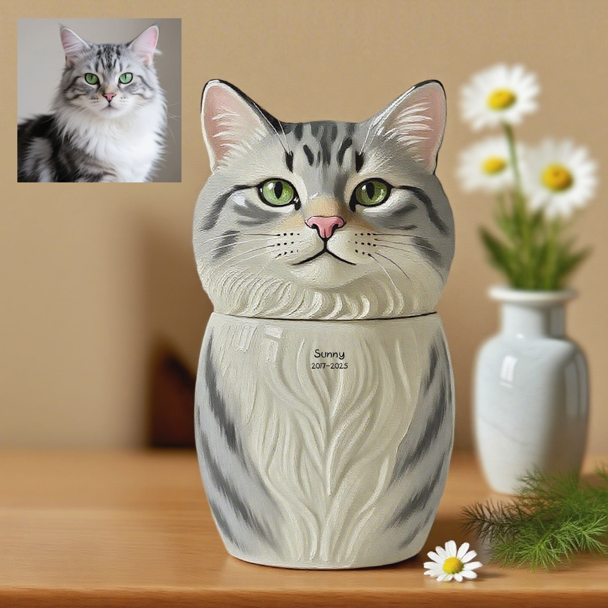 Custom Painted Cat Pet Urn - Rosie 2012 - 2024, Cherish Her Memory Forever