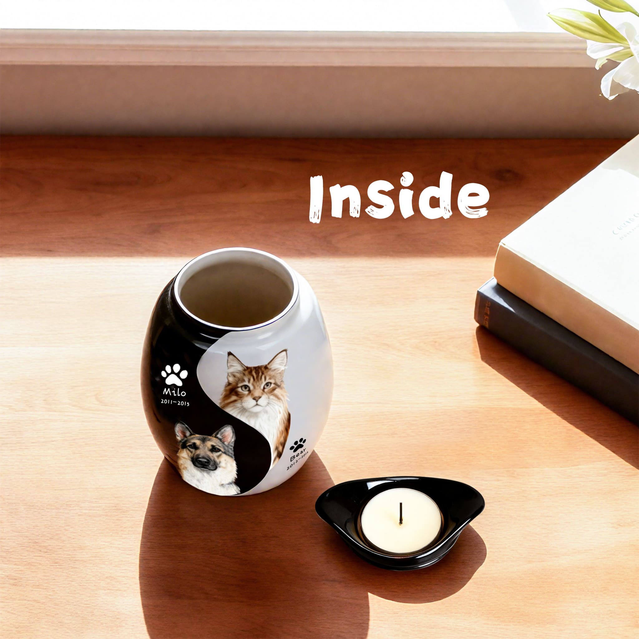 Personalized Pet Urn for Two Dogs or Cats | Dual Ashes Holder with Candle