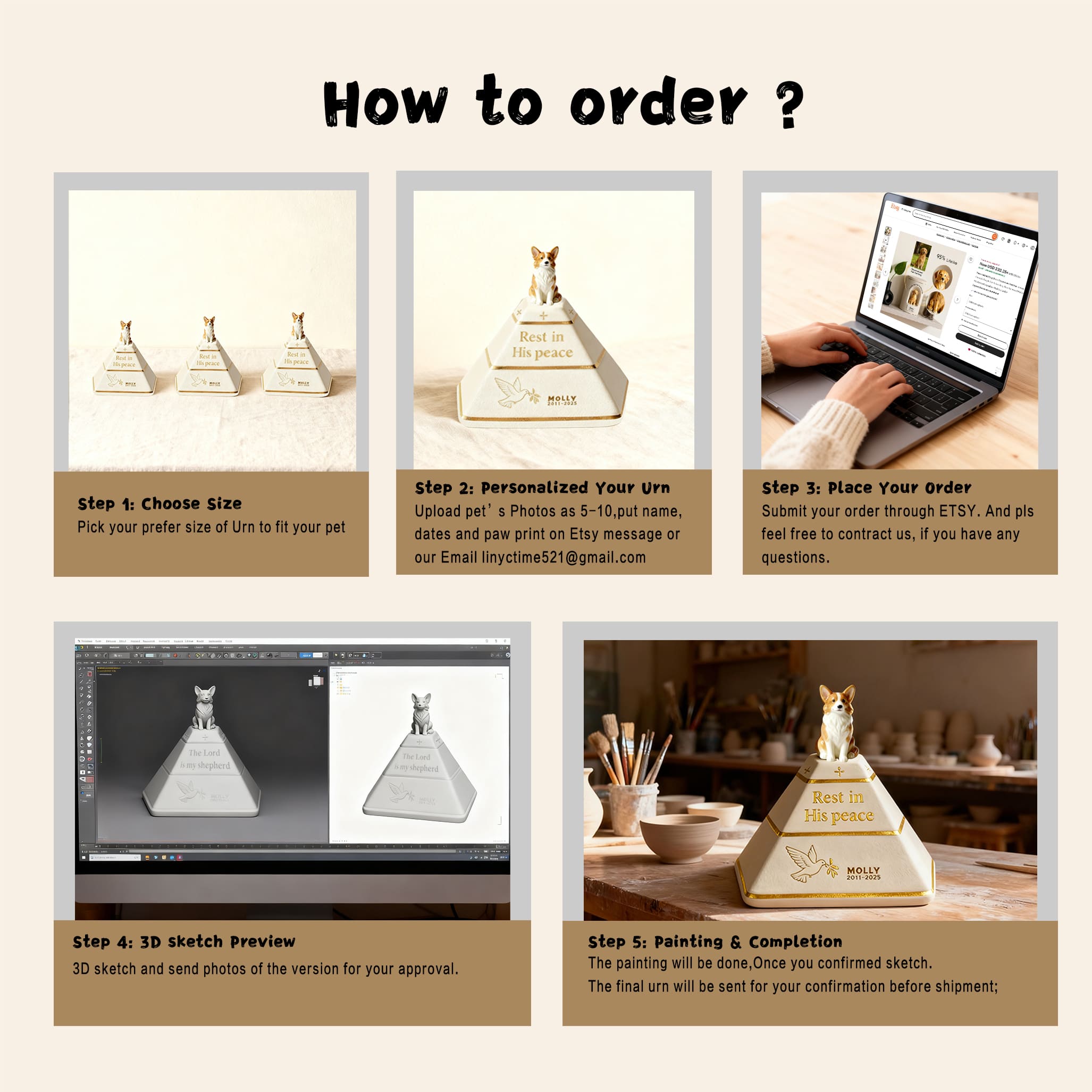 Personalized Pyramid Dog Urn – Custom Pet Ashes Urn with Hand-Sculpted Portrait & Name