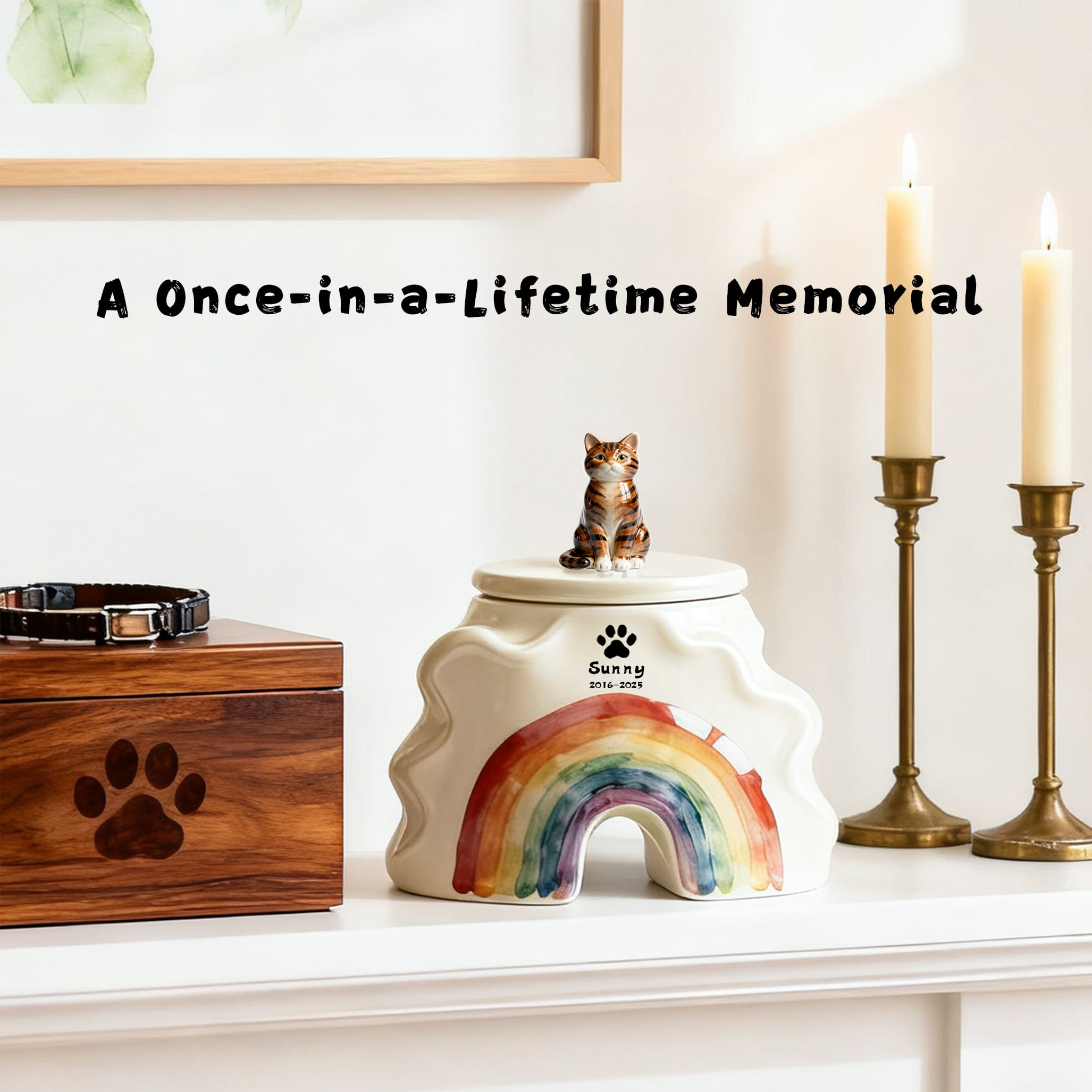 Bespoke Cat Memorial Urn - Rainbow Bridge Themed with Custom Engraving