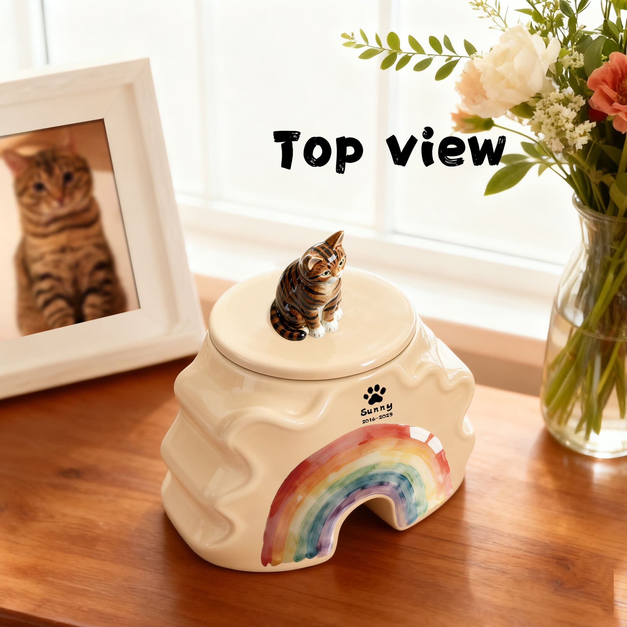 Bespoke Cat Memorial Urn - Rainbow Bridge Themed with Custom Engraving