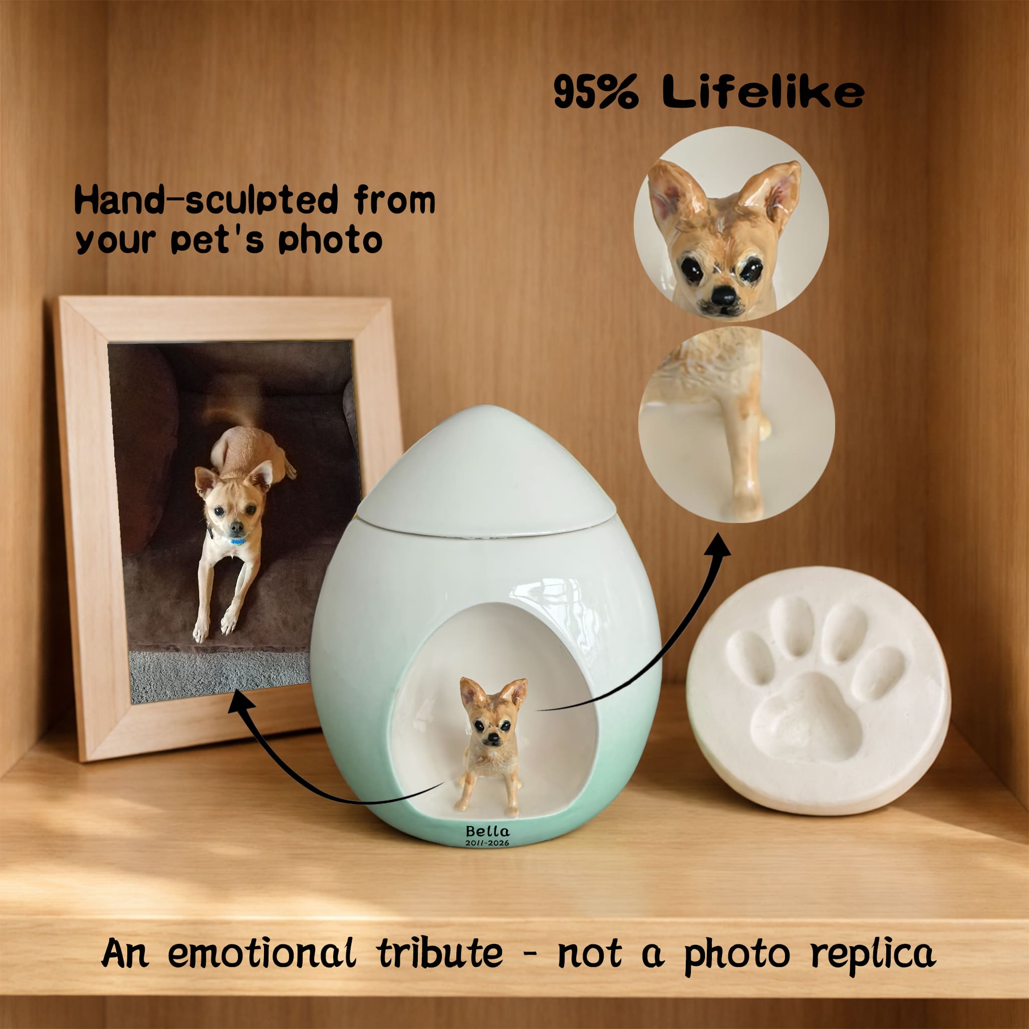 Teardrop Pet Urn – Custom Dog Urn with 95% Lifelike Hand-Sculpted Portrait, Emotional Tribute