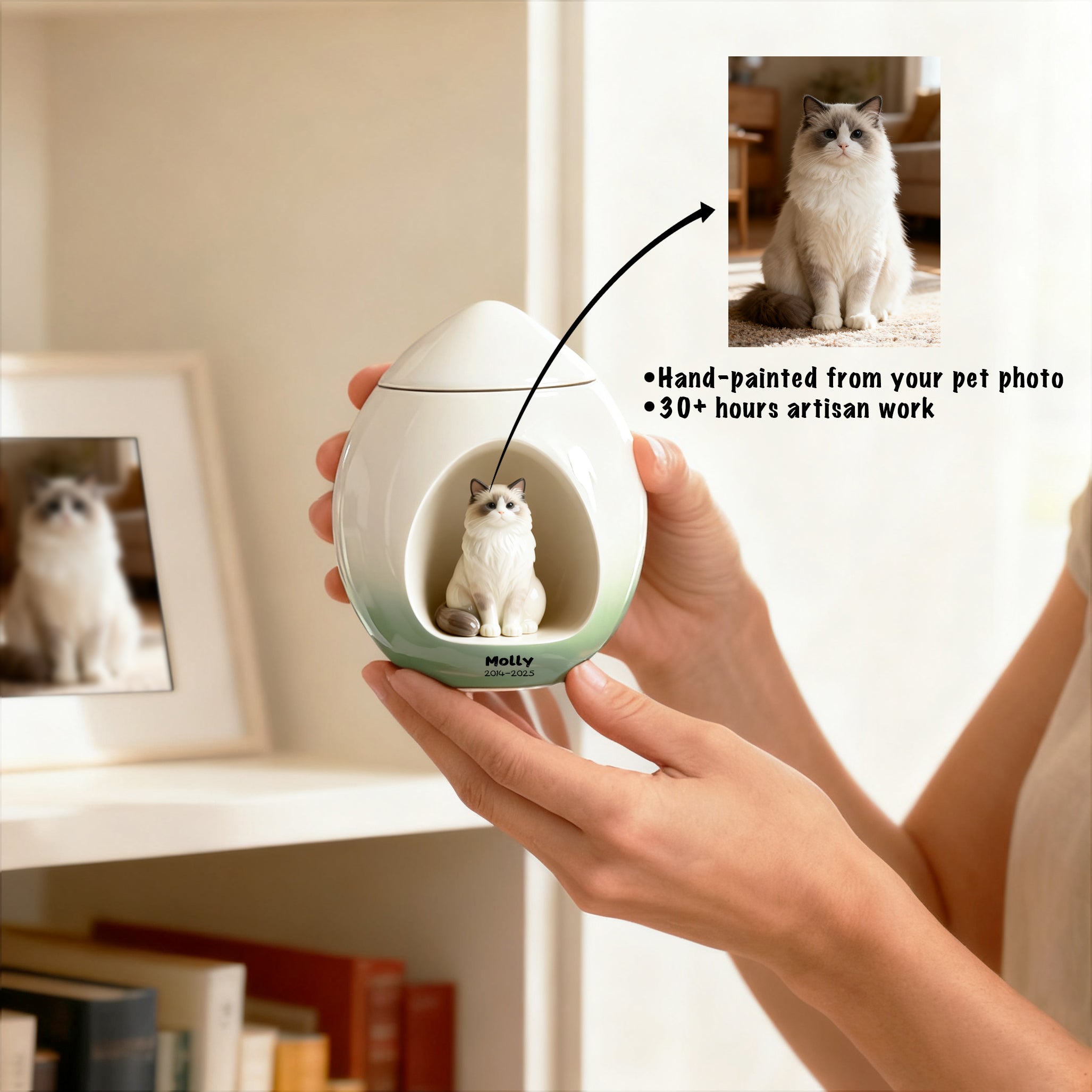 Personalized Cat Urn for Ashes – Handmade Custom Portrait Memorial with Name, A Loving Pet Keepsake