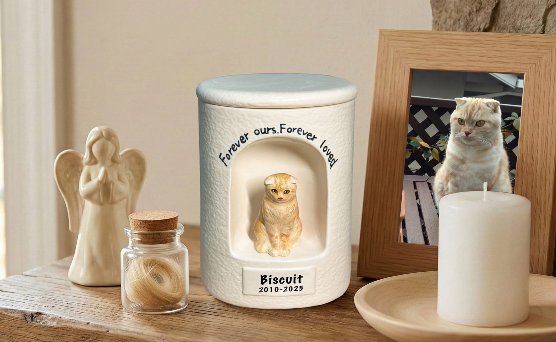 Cylinder Cat Urn with Personalized Scottish Fold Portrait – Memorial Display with Pet Hair Keepsake, Angel Figurine, and White Candle