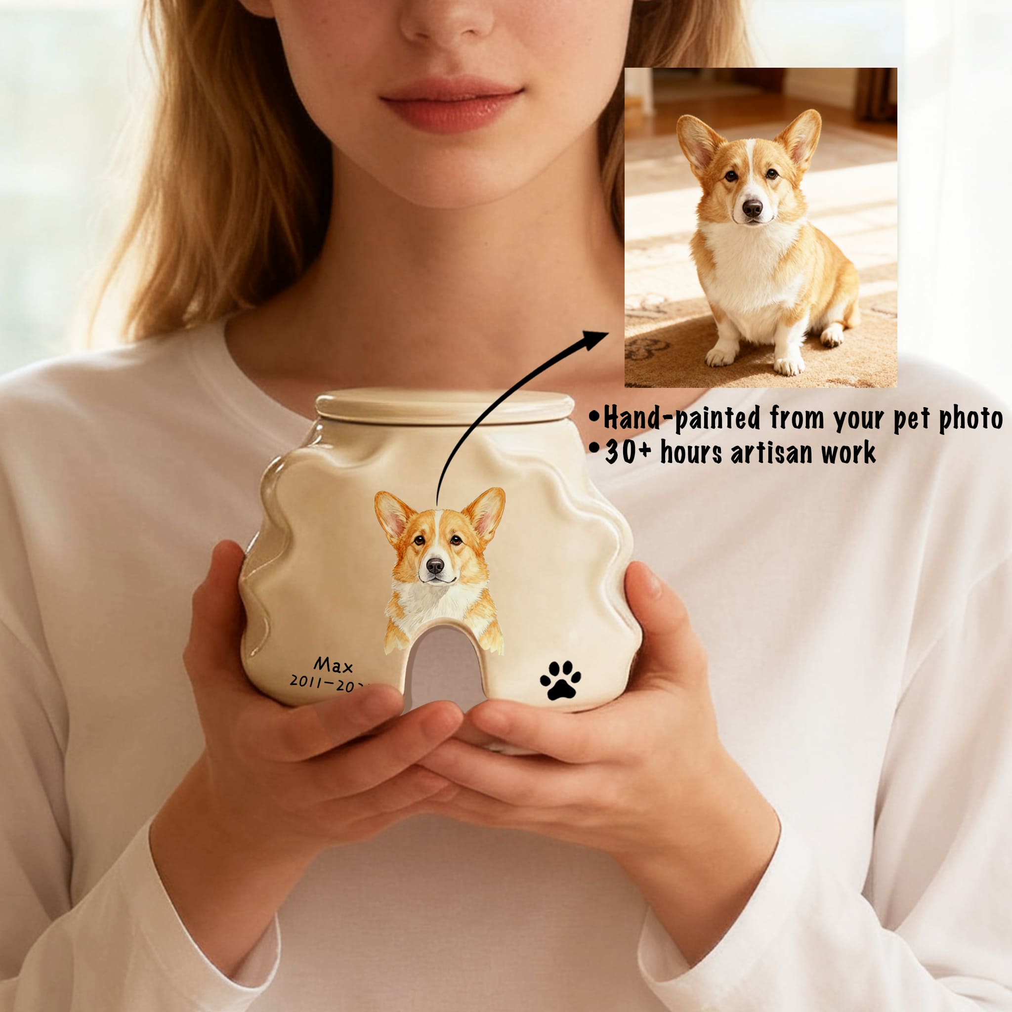 Personalized Pet Urns-Hand-Painted Ceramic Portrait, Paw Print, Name & Date, A Once-in-a-Lifetime Tribute,Pet Ashes Keepsakes