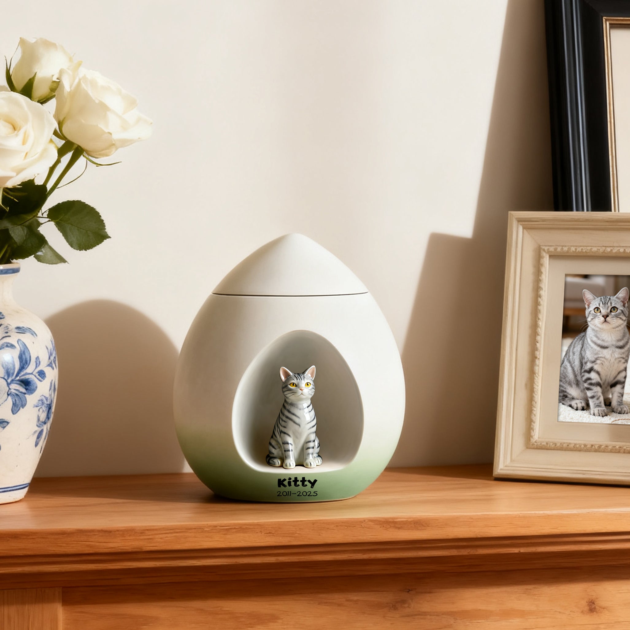 Handmade Ceramic Cat Urn for Ashes – Personalized Pet Portrait Urn with Engraved Name & Dates
