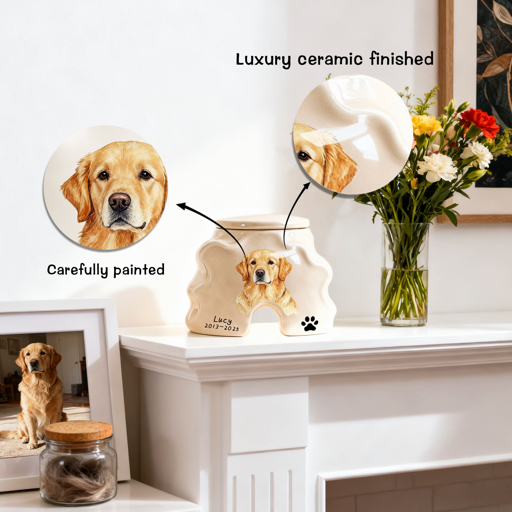 Personalized Pet Urns-Hand-Painted Ceramic Portrait, Paw Print, Name & Date, A Once-in-a-Lifetime Tribute,Pet Ashes Keepsakes