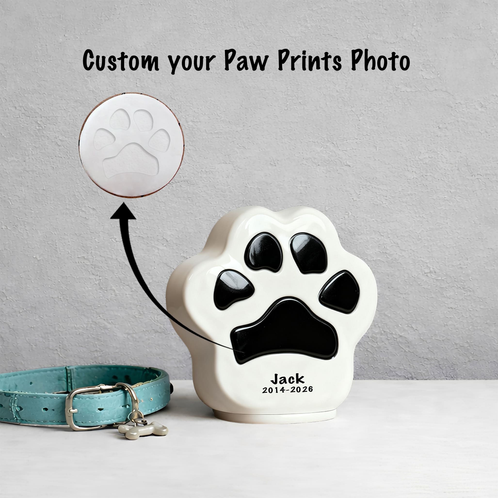 Custom Paw Print Pet Urn – Personalized Ceramic Memorial with Paw Print Photo Customization for Beloved Pet Jack