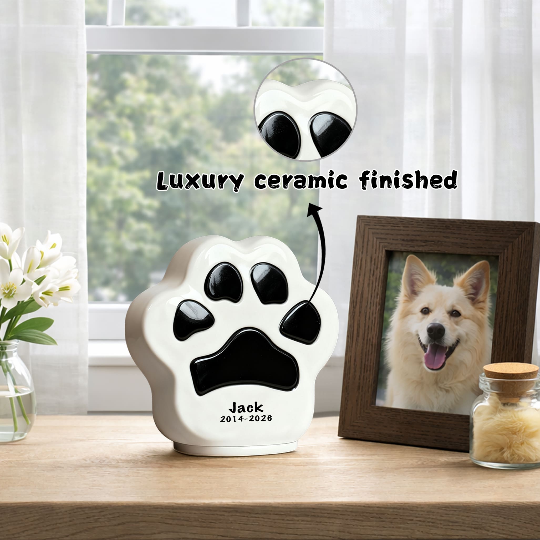Engraved Paw Print Cat Urn for Ashes – Personalized Ceramic Memorial