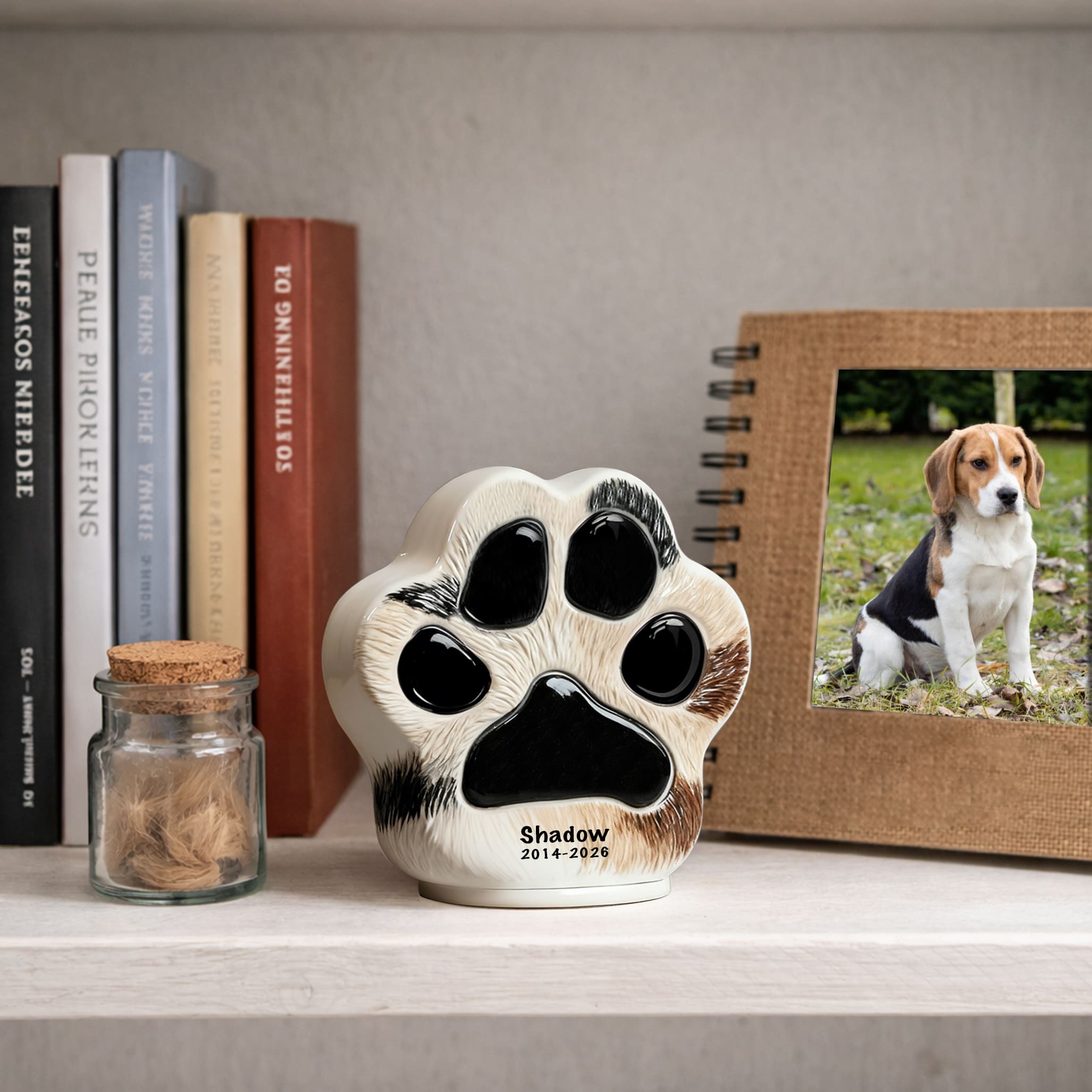 Paw Print Pet Urn – Front View with Hand-Painted Beagle Fur Pattern for Shadow