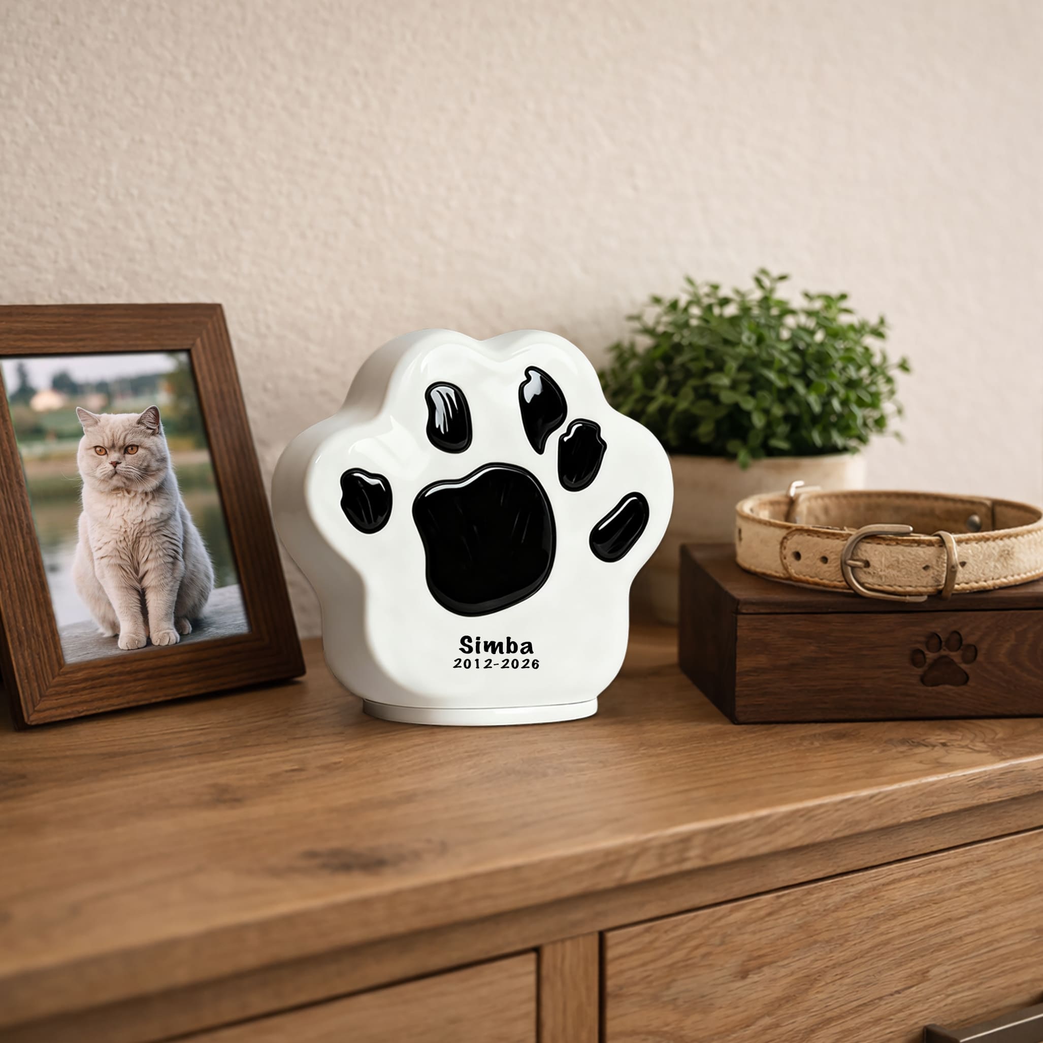 Engraved Paw Print Cat Urn for Ashes – Personalized Ceramic Memorial