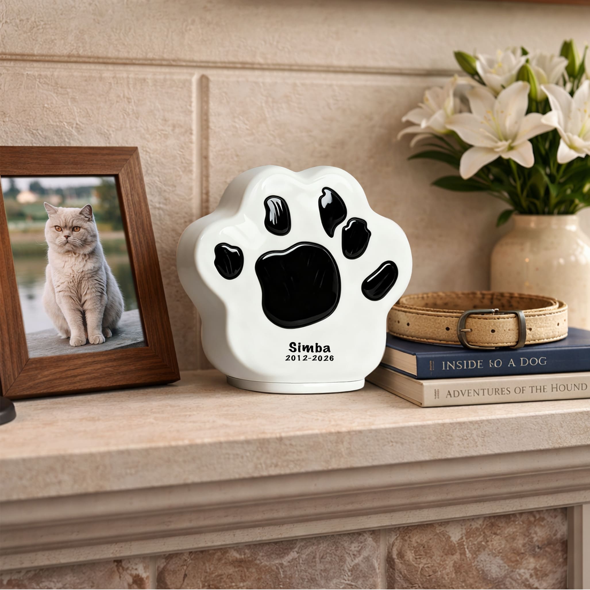 Engraved Paw Print Cat Urn for Ashes – Personalized Ceramic Memorial