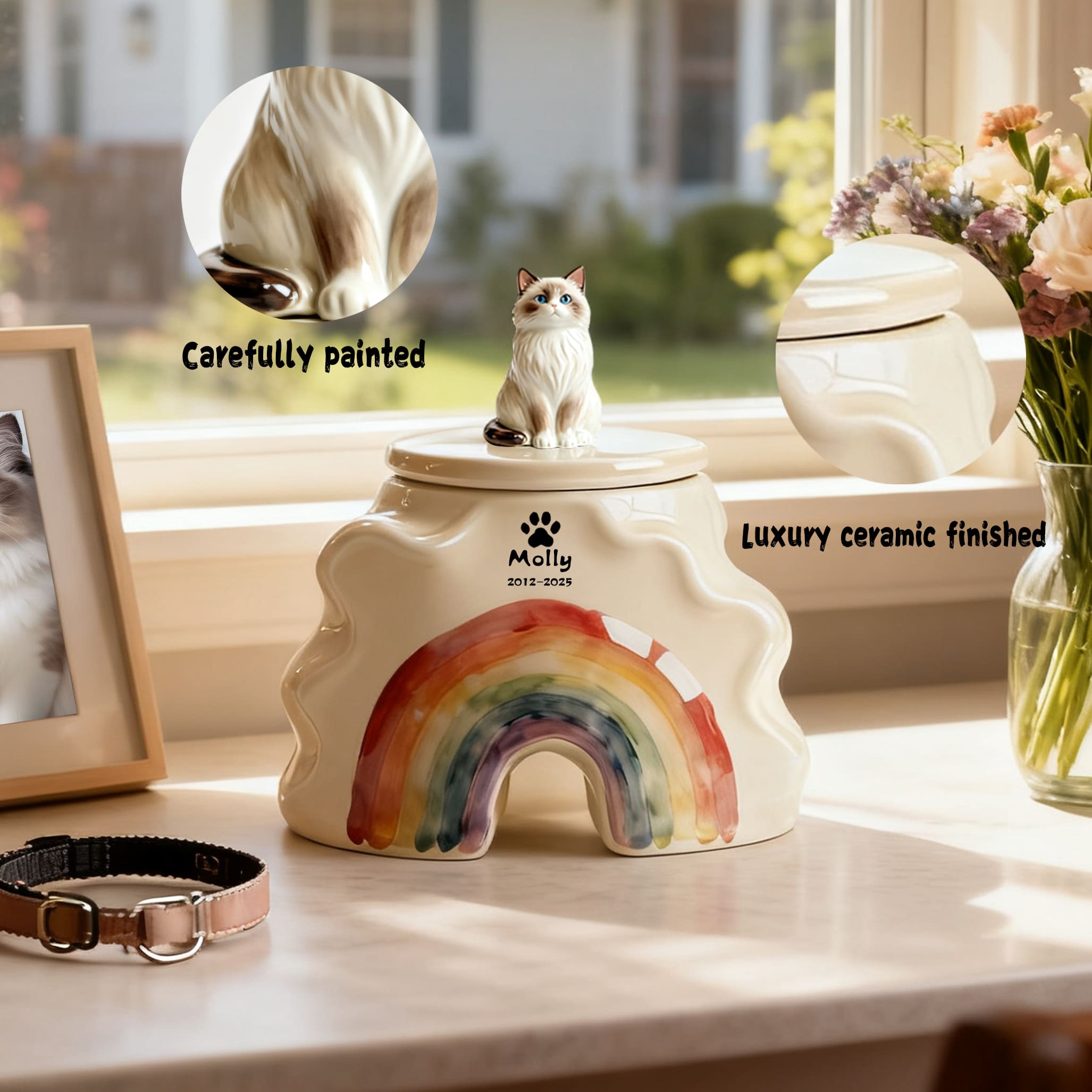 Bespoke Cat Memorial Urn - Rainbow Bridge Themed with Custom Engraving