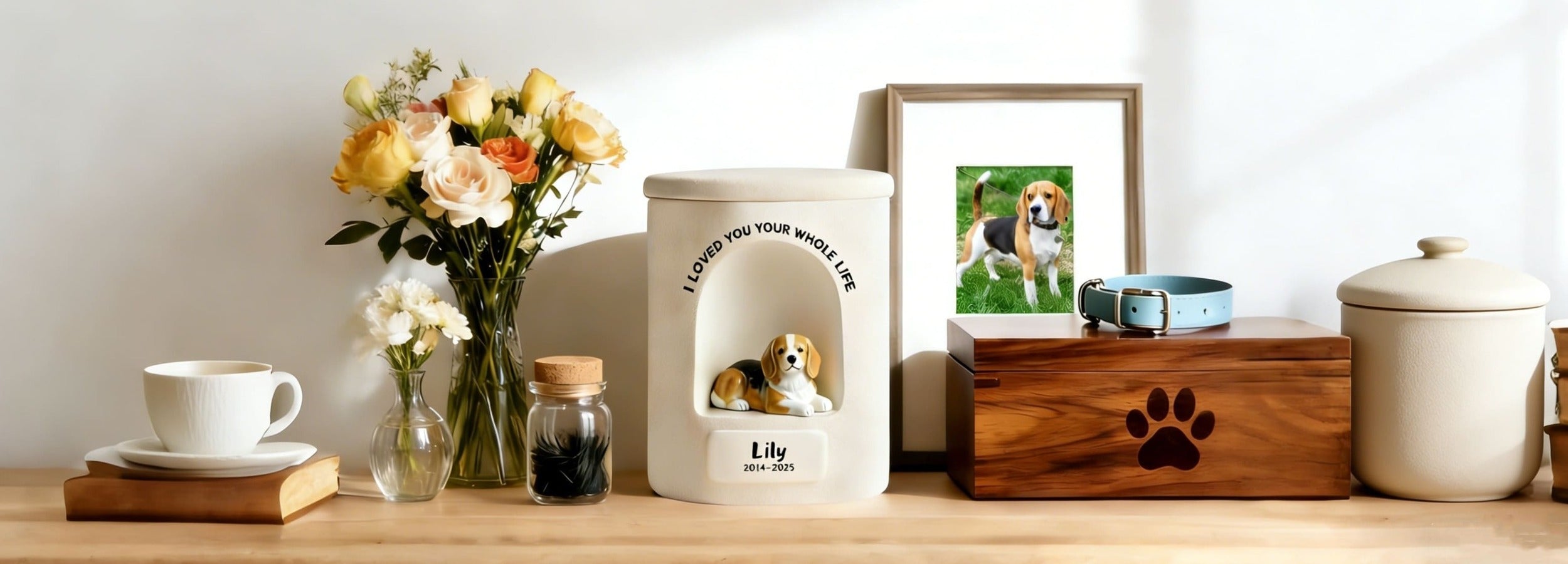 Pet memorial guide banner for choosing a peaceful, home-friendly pet urn and memorial.