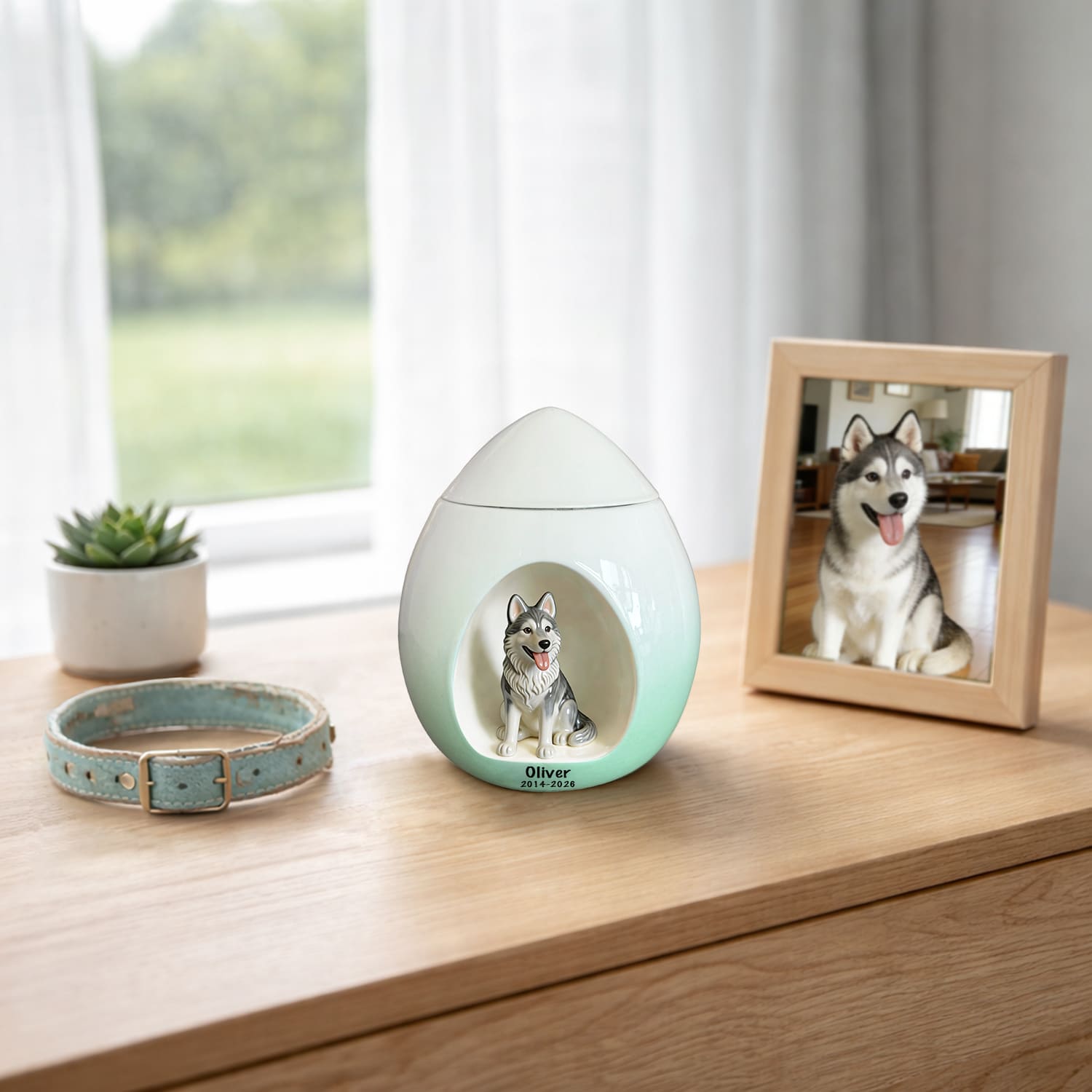 Teardrop Pet Urn with Personalized Husky Portrait – Showcased as a Memorial Corner in Your Home, A Space Where Love Still Lives