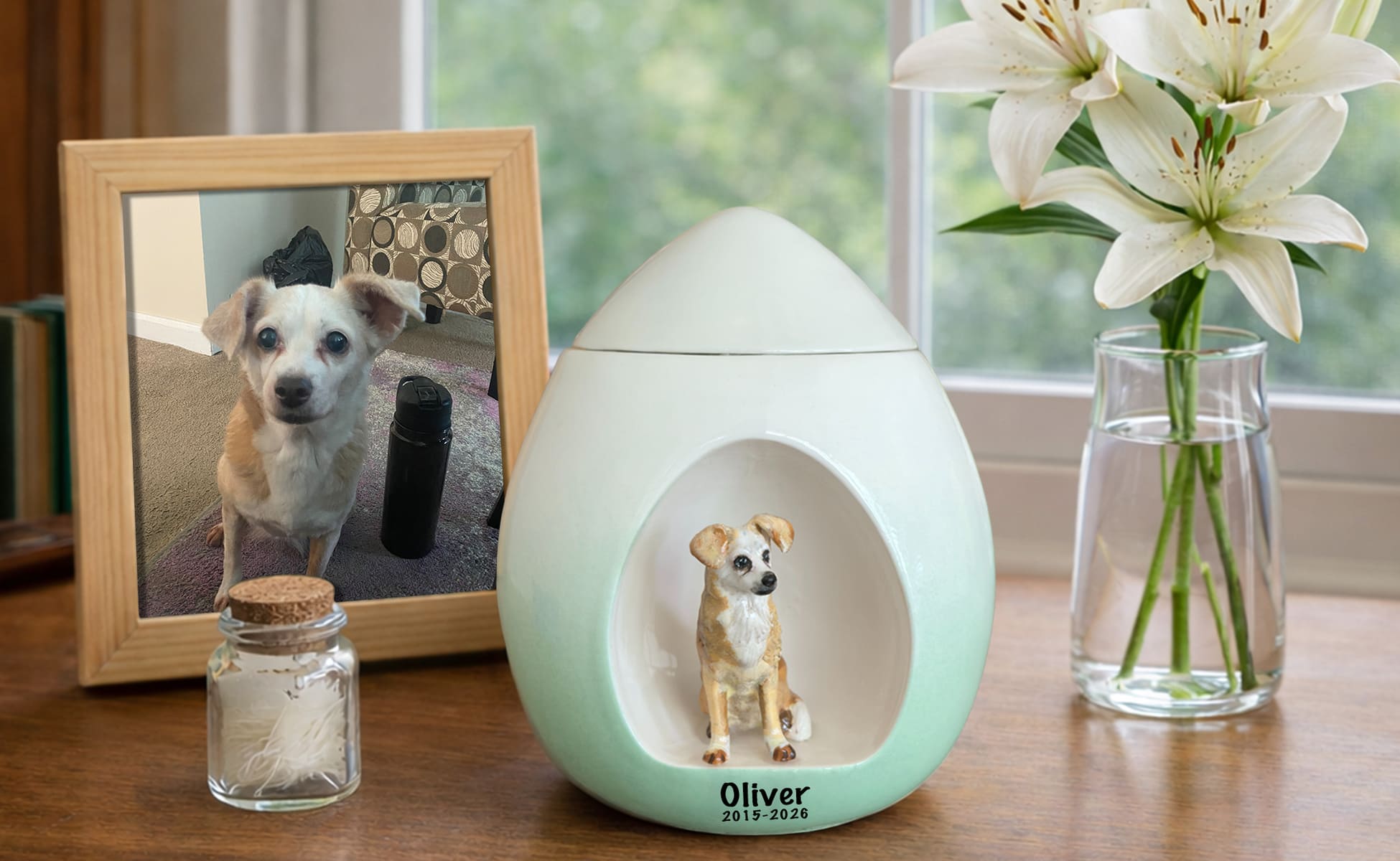 Teardrop Pet Urn with Personalized Mixed Breed Dog Portrait – Memorial Display with Pet Hair Keepsake, Photo Frame, and White Lilies
